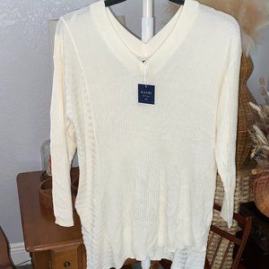 NWT Women’s Plus Size 0X Kaari Blue Curvy Ivory Ribbed V-Neck Sweater 3/4 Sleeve